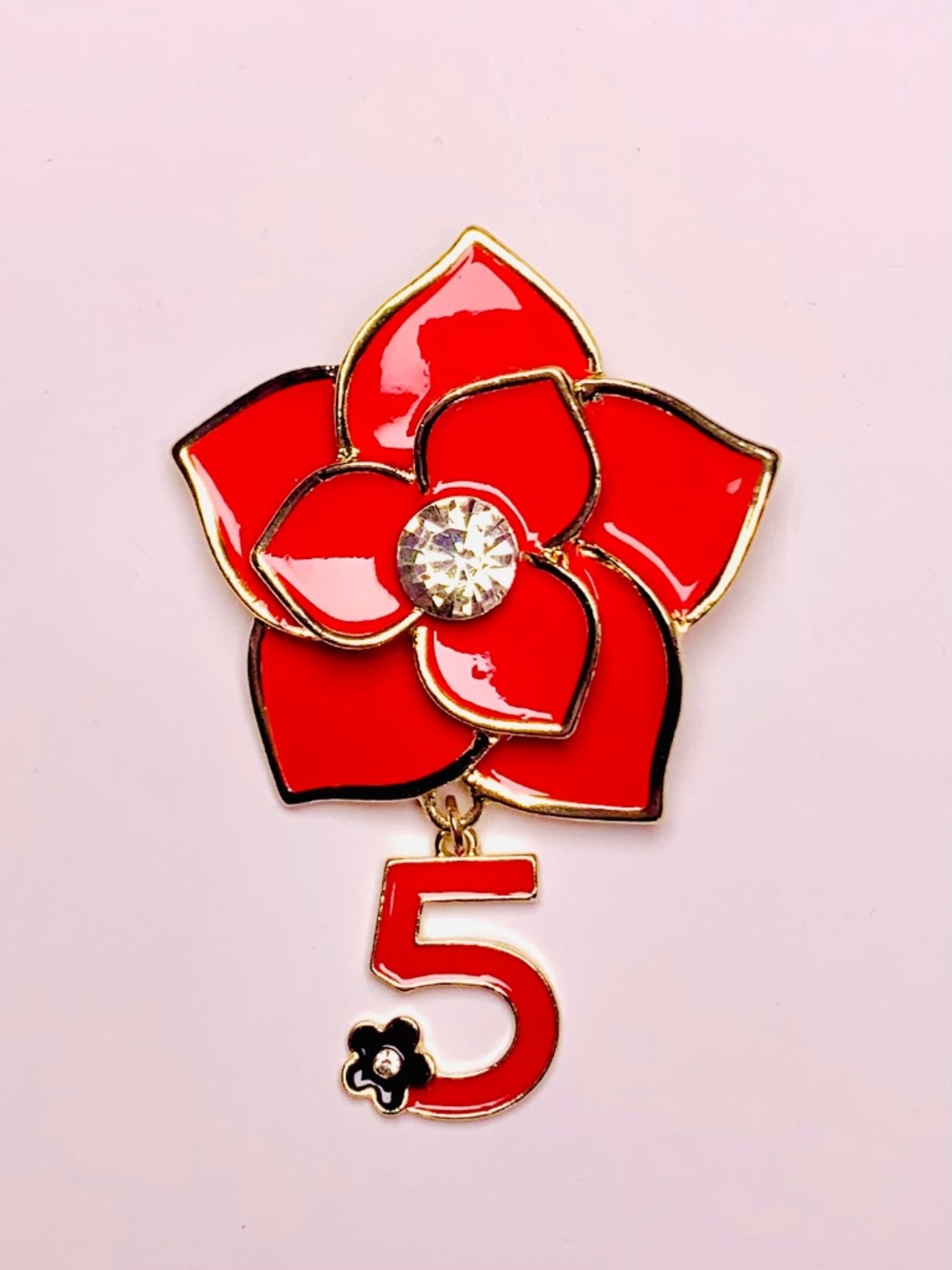 Large Number Five Red Rose Flower Dangle Brooch Gold-Tone Designer Inspired